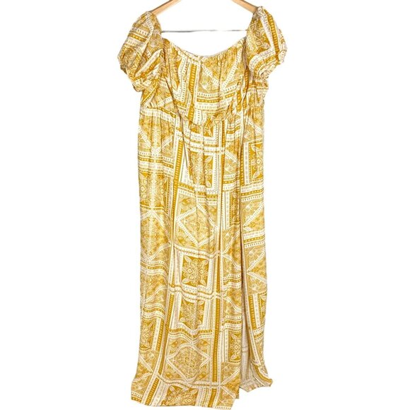PrettyLittleThing Off Shoulder Yellow Paisley Tile Print Bardot Maxi Dress US XL - Picture 2 of 12